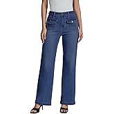 luvamia Wide Leg Jeans Woman High Waisted Trendy Stretchy Denim Work Trouser Jeans with Retro Button Flap Patch Pockets