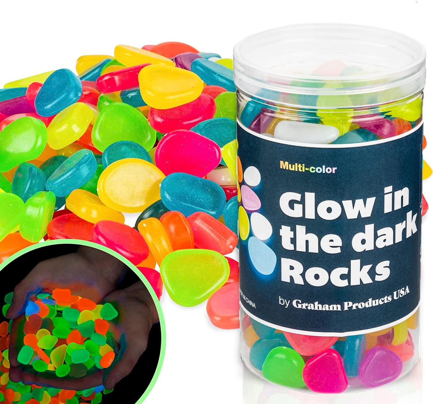 Hardscaping Materials - Graham Products 190 Pieces Glow in The Dark Rocks | Indoor & Outdoor Use - Garden, Fish Tank Pebbles, Planter, Walkway Decoration & More | for Kids Aged 6 & Up | Powered by Sunlight - Multi-Colored