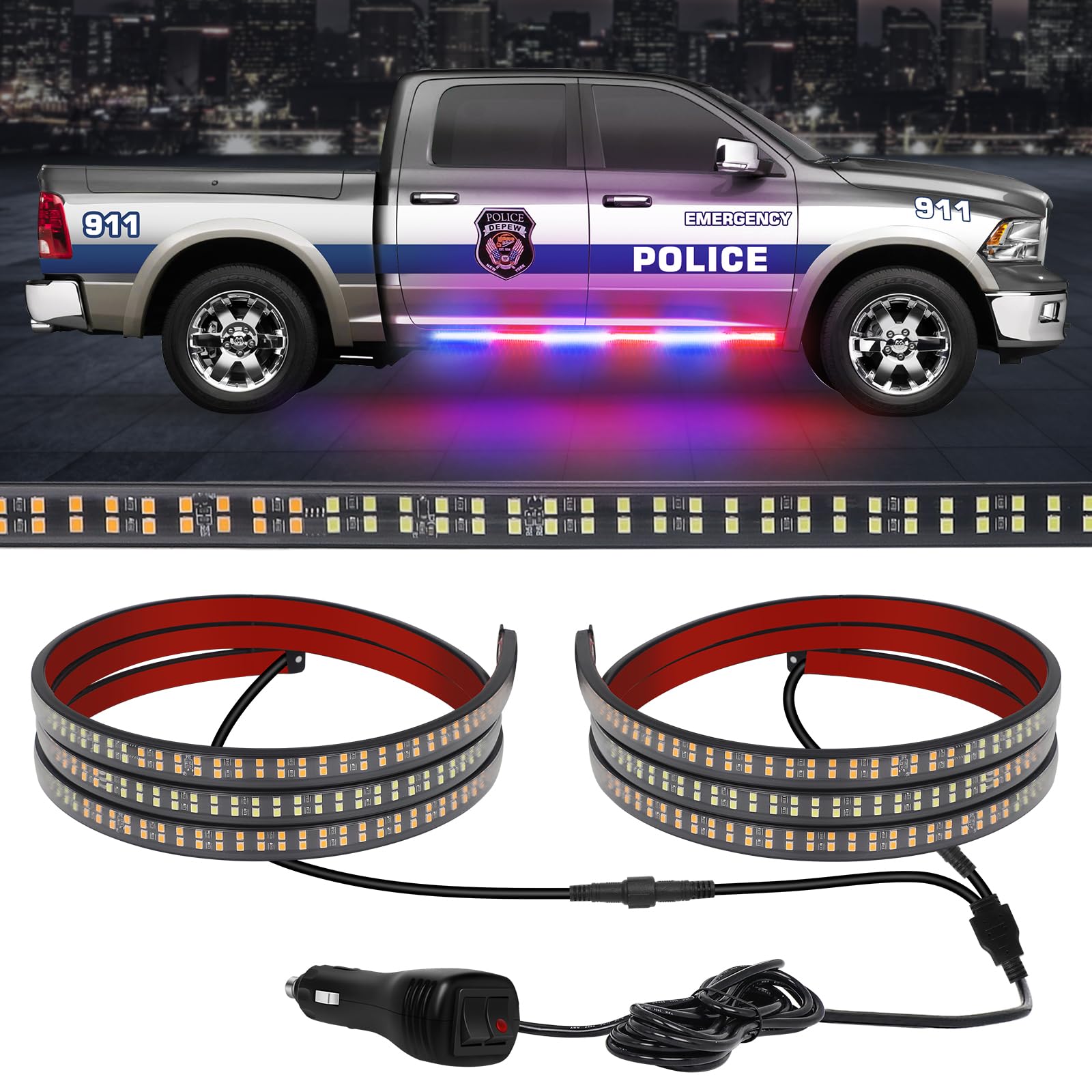 AINBIN 2 in 1 70 inch Truck Running Board Police Lights Strip 864 LED Emergency Strobe Red Blue Police Light Strip Flashing Warning Hazard Safety Waterproof Flexible for Vehicles Trucks Pickup