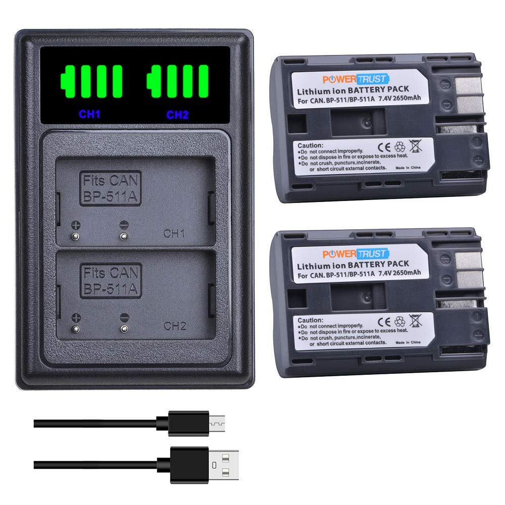 PowerTrust 2-Pack BP-511 BP-511A Battery with LED Dual Charger with type-C port for Canon EOS 5D 10D 20D 20Da 30D 40D 50D 300D D60 D30 PowerShot G1 G2 G3 G5 G6 Pro 1 Pro 90 Pro 90IS Camera