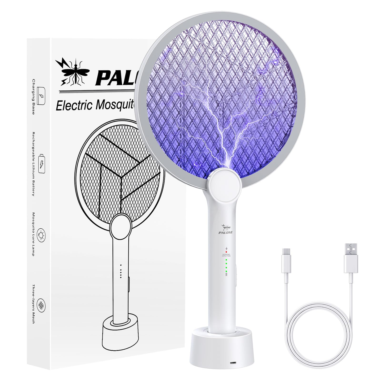 PALONE 4000V Electric Fly Swatter Bug Zapper Racket, 2 in 1 Indoor Outdoor Mosquito Killer, Effective Fly Killer Bug Catcher, USB-C Fly Zapper Rechargeable for Pest Insect Control (1 pack)