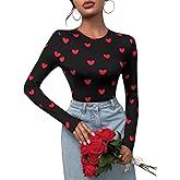 Floerns Women's Heart Print Long Sleeve Valentines Day Round Neck T Shirts