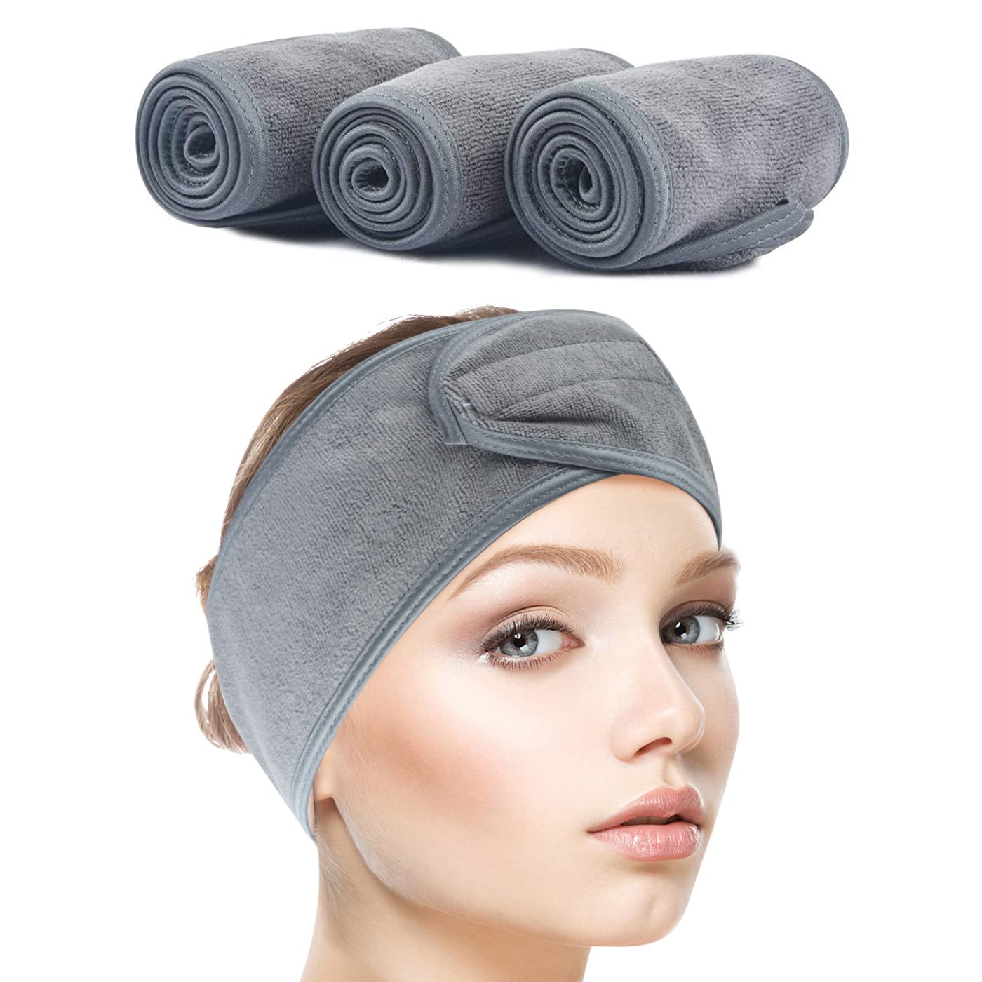 SINLAND Spa Headband for Women 3 Counts Ultra Soft Adjustable Makeup Hair Band with Magic Tape, Terry Cloth Stretch Head Wrap for Face Washing, Bath, Shower, Facial Mask, Yoga โ image 1