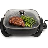 Moss &amp; Stone Square Electric Skillet with Lid, 12-Inch Nonstick Frying Pan | 5 Qt Electric Frying Pan with Adjustable Temperature Control, Vented Glass Lid, Heat-Resistant Handles &amp; Dishwasher Safe