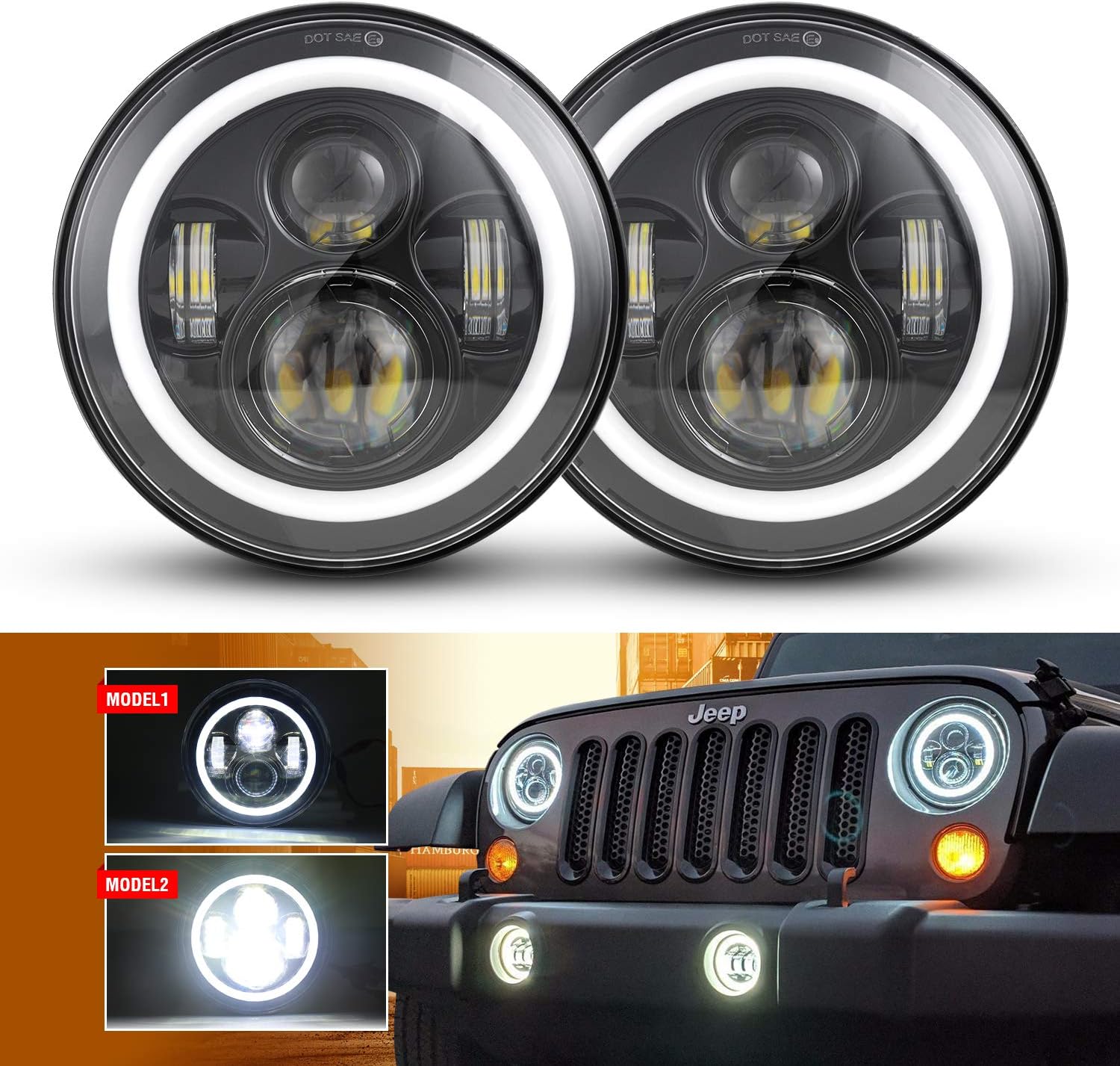 7Inch Black LED Headlight with White Halo/Amber Turn Signal for Jeep Wrangler JK LJ TJ CJ HUMMER H1 H2 Land Rover Defender