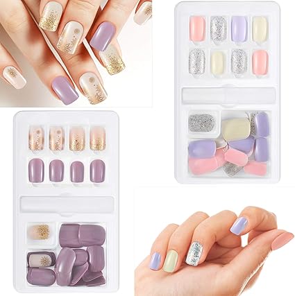 GejoyJuego de 60 uñas postizas, 12 tamaños, 2 cajas, cobertura completa, incluye palillo, para decoración de uñas, manicura, , , Púrpura, amarillo claro, rosa pálido.,, ]: Amazon.es: Belleza