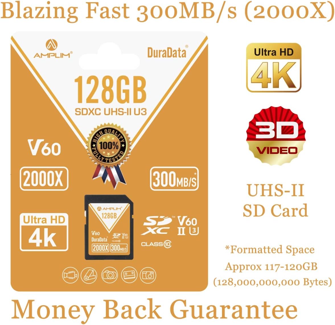 UHS-II SD Card 128GB SDXC - Amplim High Performance 300MB/S (2000X) UHS2 Extreme Speed 128 GB/128G XC Memory Card. V60 4K 8K UHSII TF Flash for Fujifilm, Nikon, Olympus, Panasonic, Sony Video Cameras