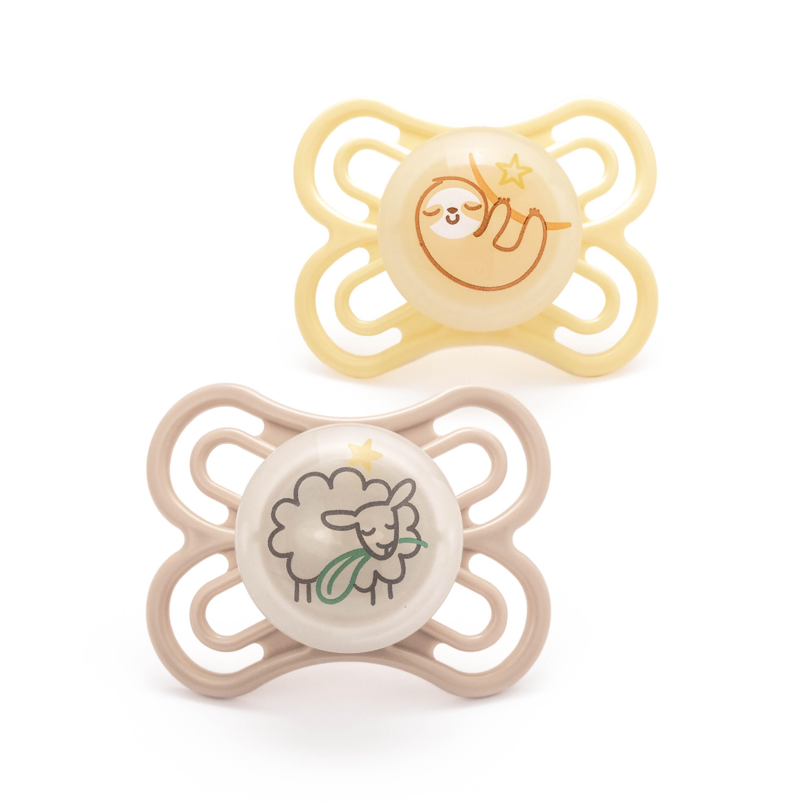 MAM Perfect Night Soothers | 0-6 Months | 2 Pack | Glow in The Dark Dummies | Comes in Dummy Steriliser Case | Baby Accessories for Newborn | White (Various Designs)