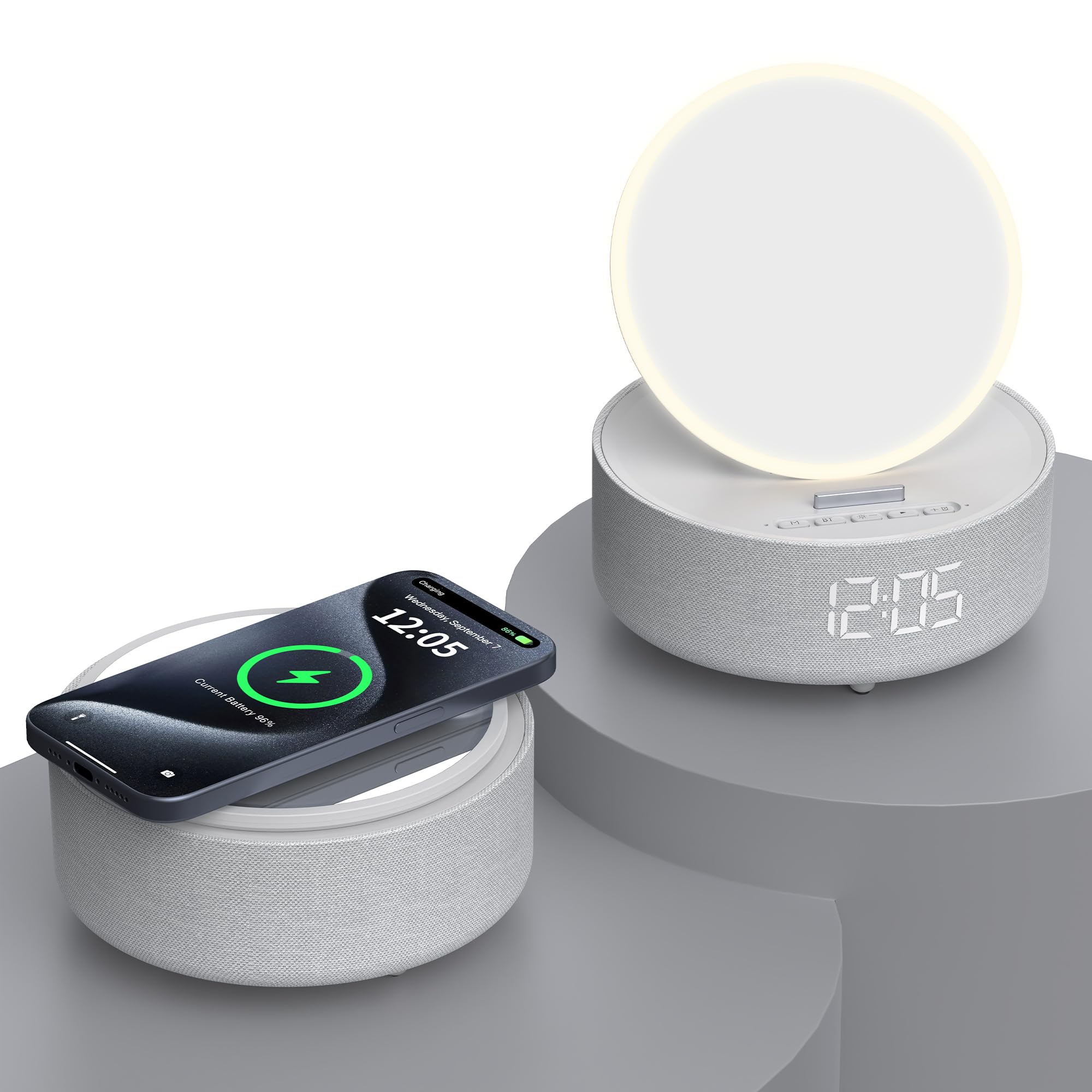 Photo 1 of Bluetooth Speaker with LED Light Makeup Mirror, Wireless Charging Station for iPhone/Samsung, Stylish Multifunctional Automatic Clock Bedside Lamp Ideal for Home, Bedroom, Office & Gift