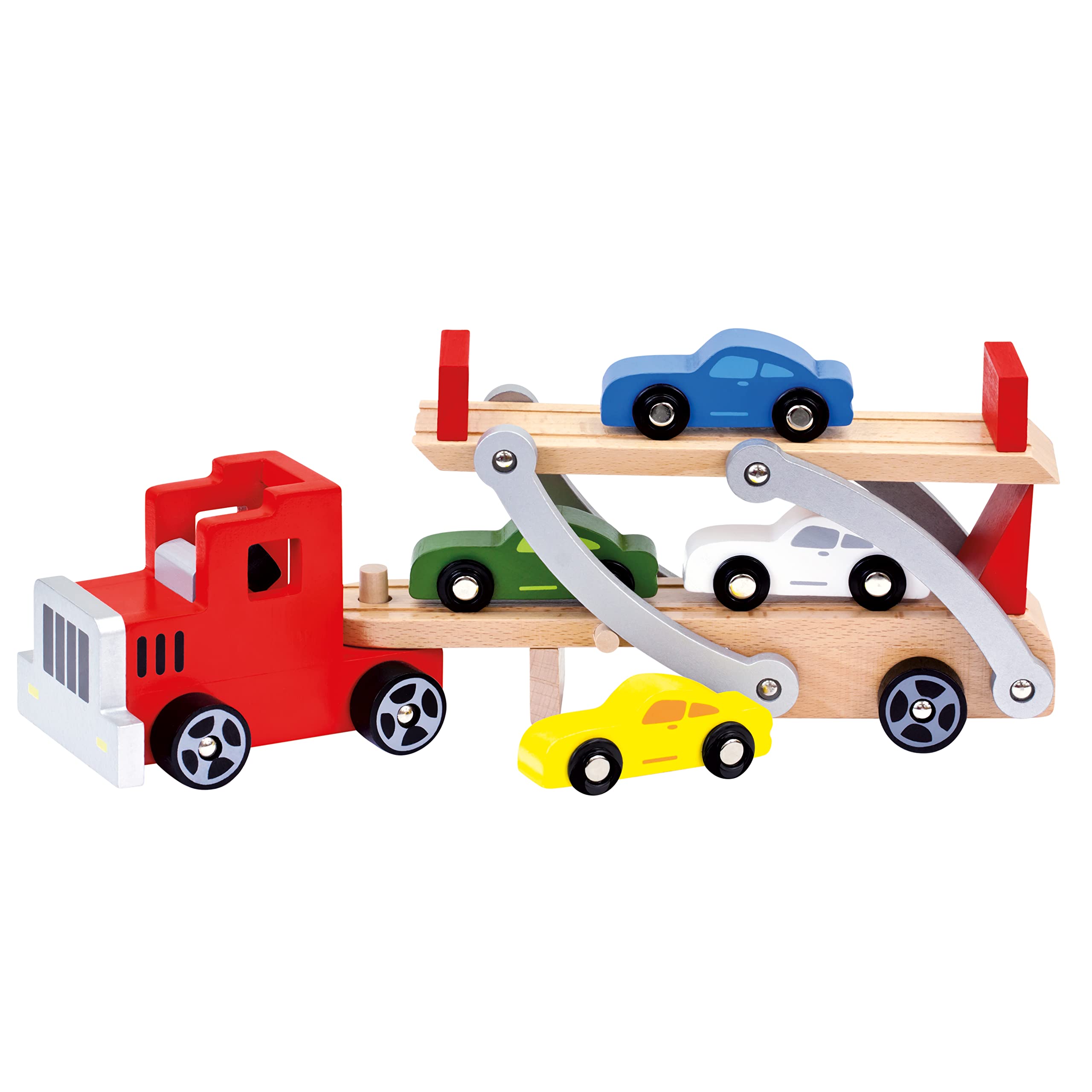 Bino 84075 Large Wooden Car Transporter Toy With 4 Wooden Vehicles. Colourful Tranporter Lorry For Children From 36 months. Car Carrier Truck Toy Dimensions 37,5x8,5x13,5 cm.