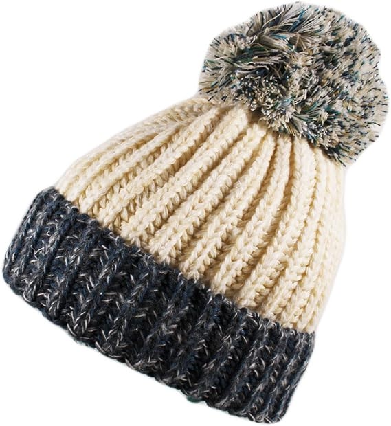 Itzu Big Bobble Ribbed Beanie Hat Cap Marl Knitted Pom Pom Roll Turn Up in Ecru Amazon.co.uk