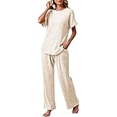 Famulily Womens 2 Piece Ribbed Knit Set Short Sleeve Top and Wide Leg Pants with Pockets Matching Lounge Set