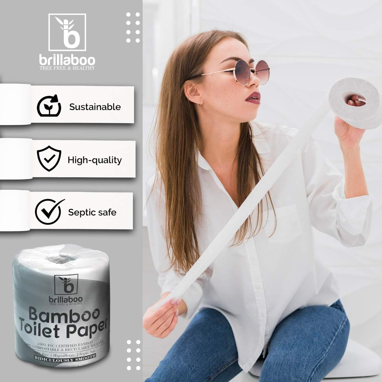 BrillaBoo Pure Bamboo Toilet Paper | 100% Tree Free Hypoallergenic Bamboo Toilet Paper For Sensitive Skin | Plastic, Tree & Lint Free | Septic-Safe - 3 Ply - 200 Piece Roll | 12 Rolls: Health & Personal Care