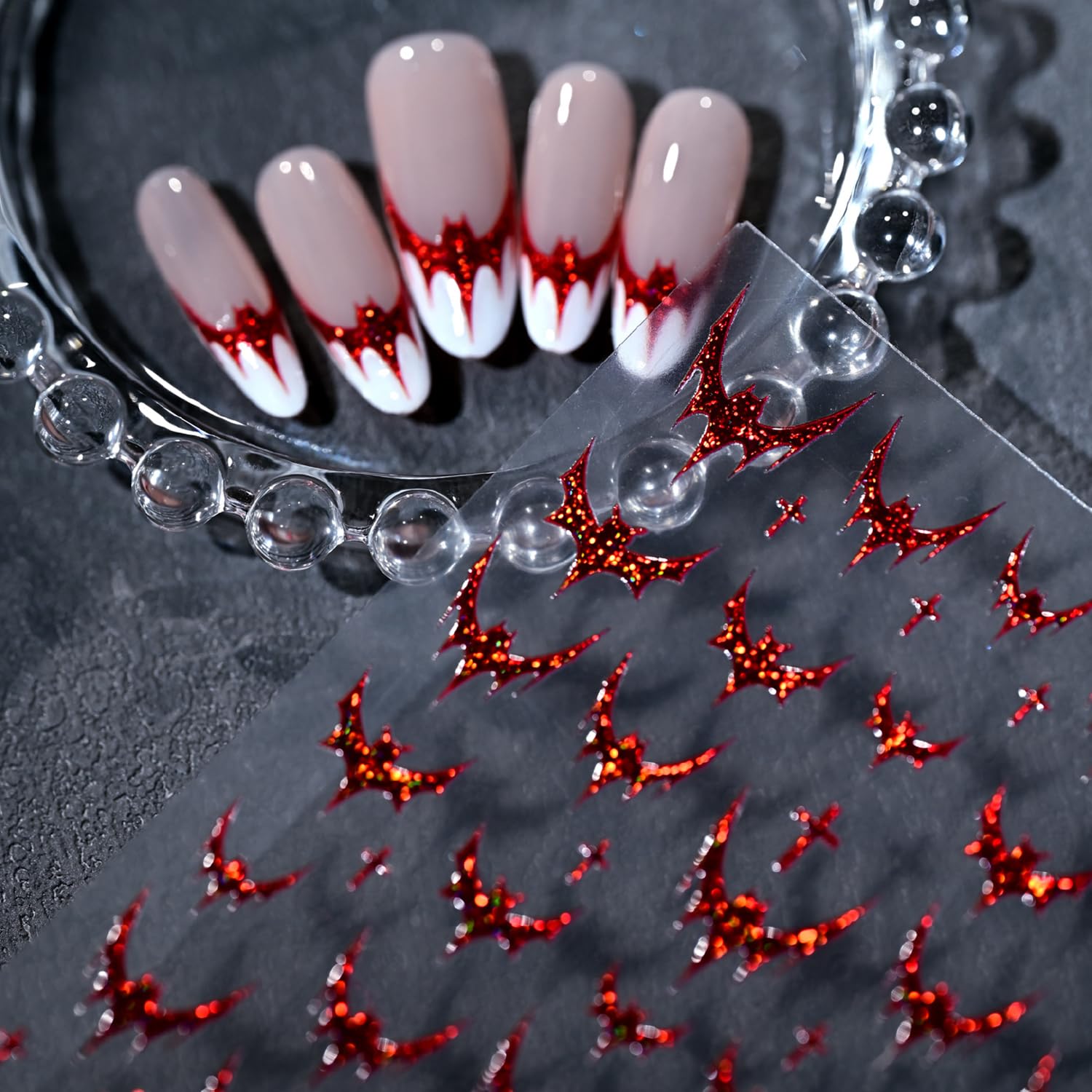 Photo 1 of 1 Sheets Red Bat Nail Decals for Nail Art 5D Halloween Nail Stickers Glitter Embossed Red Glitter Bats Nail Art Stickers Self-Adhesive Holiday Nails Supplies for Women Halloween Party Nails Decoration