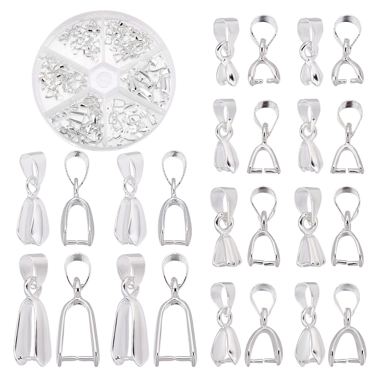 PandaHall Elite 90 pcs 6 Sizes Brass Pinch Bails Pinch Clip Bail Clasp Dangle Charm Bead Pendant Connector Findings for Pendants Necklace Jewellery DIY Craft Making, Silver