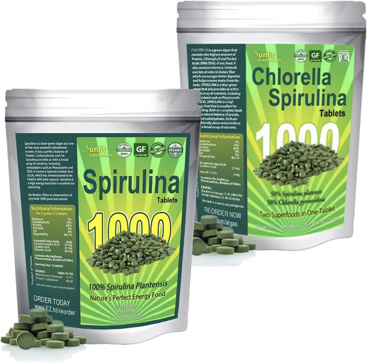 Organic Spirulina Tablets (1000 Tablets) Plus Chlorella Spirulina 50/50 (1000 Tablets) Mega Pack Bundle. Maximum Protein and Chlorophyll, Green Superfood Supplement. No preservatives or fillers.