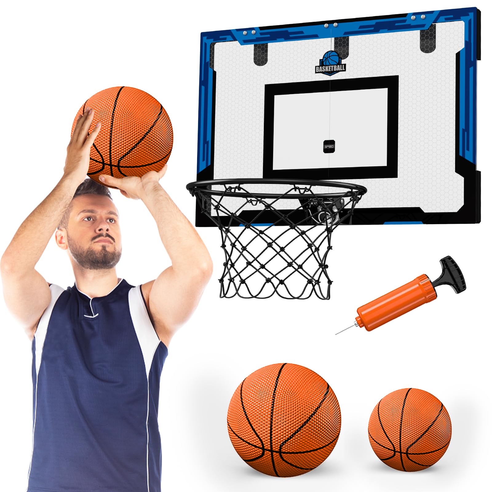 HYES 24" x 16" Large Basketball Hoop Indoor for Adults, Over The Door Basketball Hoop with Sturdy Backboard, Big Basketball Toys Gifts Ideas for Man Kids Teens Boys Girls, Blue