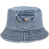 Unisex Vintage Cotton Denim Bucket Hat with Small Pocket - Sun Protection Fisherman Cap for Men Women Teens Outdoor Summer