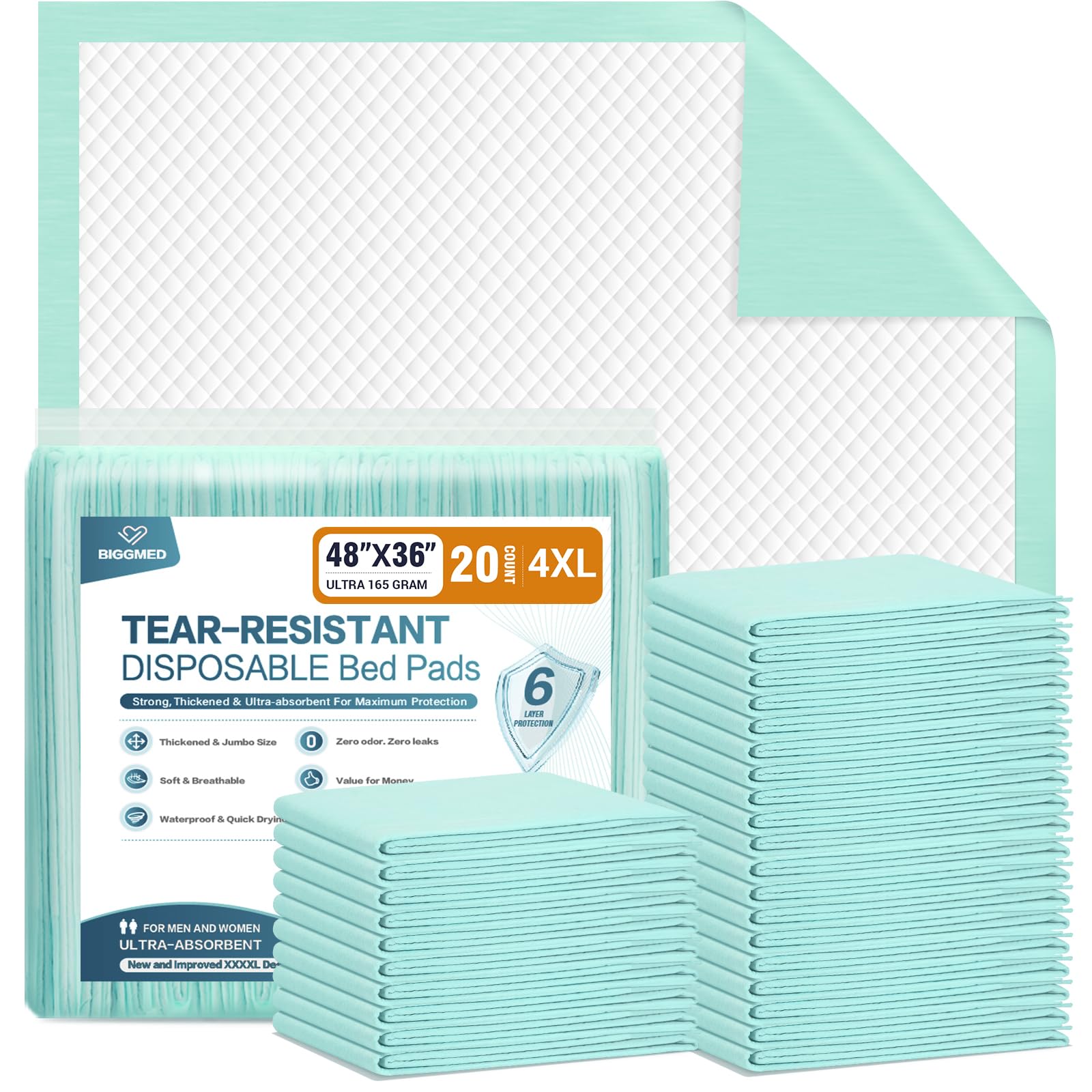 Photo 1 of BIGGMED Tear-Resistant Chucks Pads Disposable 48" x 36" Underpads Extra Large Incontinence Bed Pads Heavy Duty Absorbency Chux Pads Pee Pads for Adult Elderly Puppy Pads for Training, 20 Pads