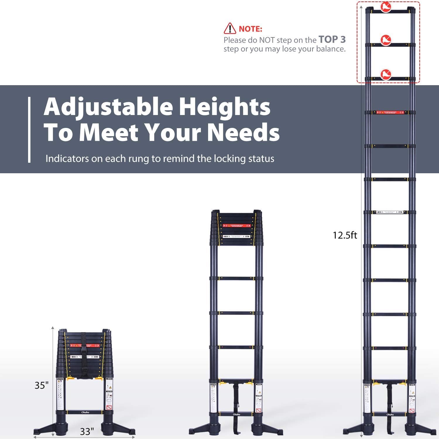 Ohuhu 12.5 FT Premium Aluminum Telescoping Ladder, ONE-Button RETRACTION ANSI Certified Patented Design Extension Ladder, 2020 All New Heavy Duty Extendable Telescopic Ladder with 330 Pound Capacity - - 