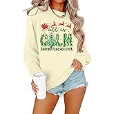 MOUSYA Teacher Christmas Sweatshirts for Women Christmas Tree Bow Pullover Top Crewneck Xmas Holiday Long Sleeve Shirt