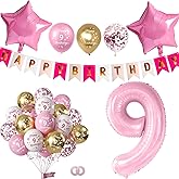 Pink 9th Birthday Decorations Including Happy Birthday Banner, Number 9 Foil Balloon, 2pcs Star Balloons and 16pcs Happy 9th Birthday Confetti Latex Balloons, Birthday Party Favors