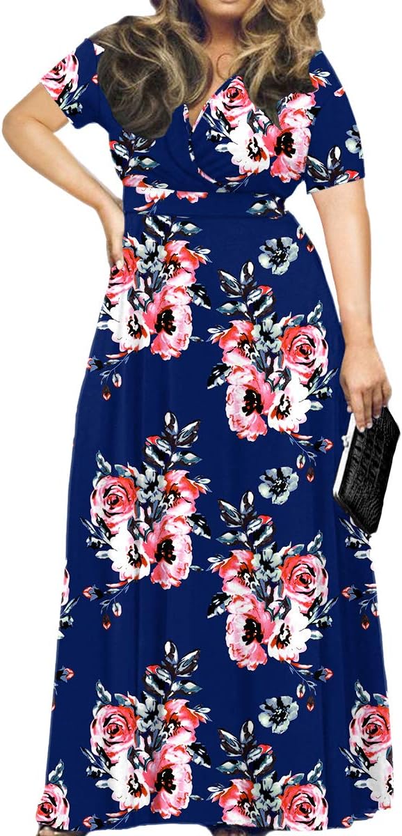 POSESHE Women's Solid V-Neck Short Sleeve Plus Size Evening Party Maxi Dress