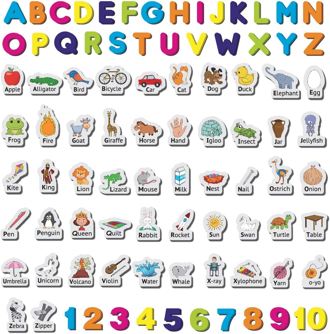 Little Champion Reader Fridge Magnets for Kids Set #2 - Alphabet ABC Letters, Alphabet Objects & 1-10 Numbers - 88 Large Fridge Magnets for Toddlers