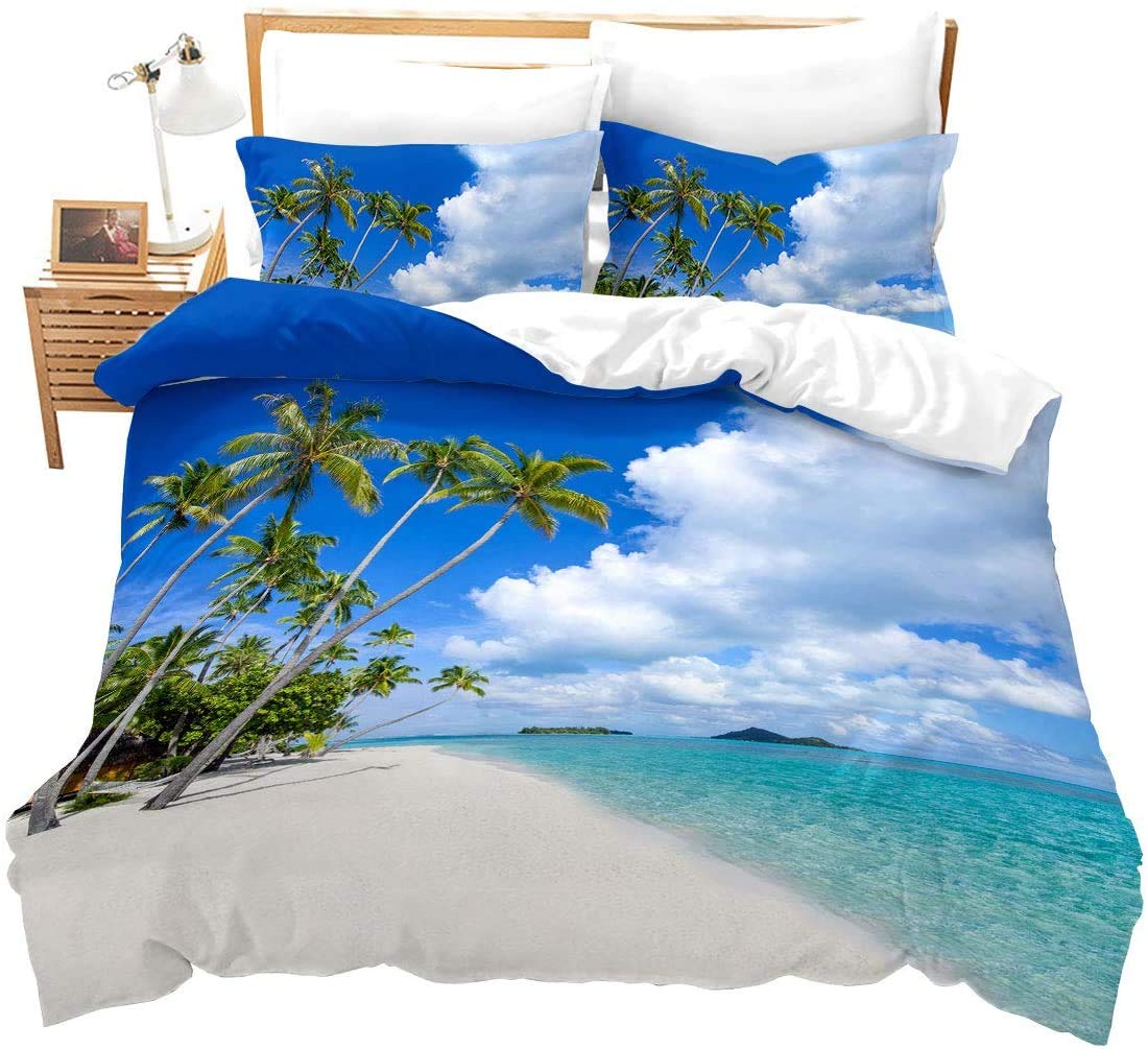 Beach Bedding Ocean Duvet Cover Double Cloud Hawaiian Palm Tree Waves Comforter Cover Tropical Island and Sea Beach Nature Theme bedding, Decorative Bedding Set with 2 Pillow Sham, Blue,Zipper