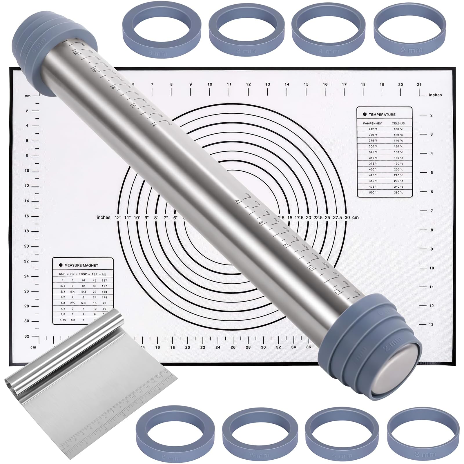 Kitchen Rolling Pin Set, Stainless Steel Non-Stick Rolling Pin with Silicone Guide Rings, Scraper and Silicone Baking Mat for Rolling Baking Dough, Pizza, Pie Crust, Pasta