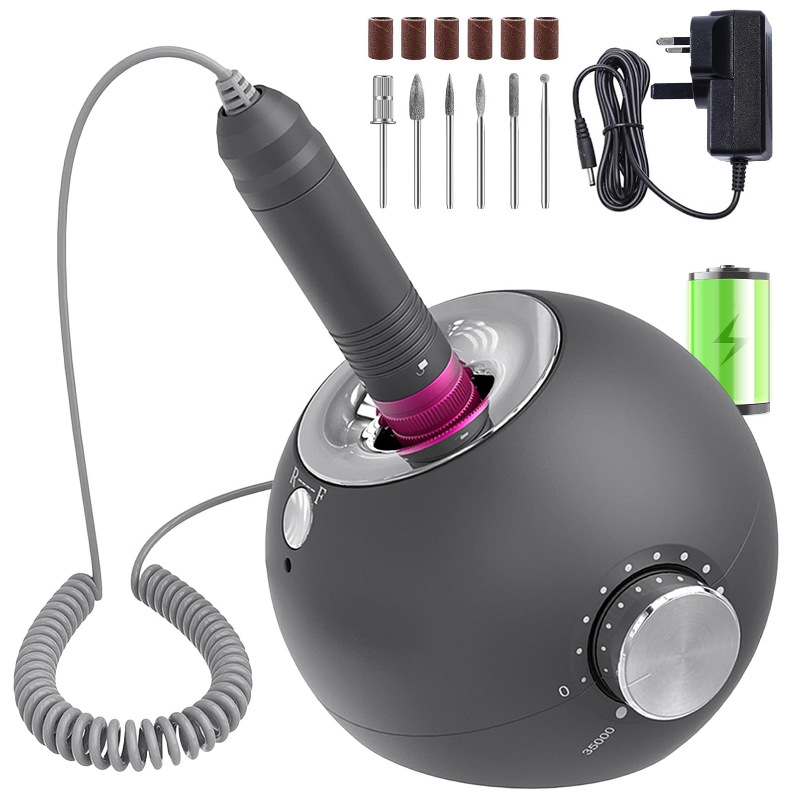 Nail Drill Rechargeable 35000RPM Professional Electric Nail File Kit Set Unique Design Manicure for Home and Salon Use with Six Sanding Bands and Drill Bits Gray