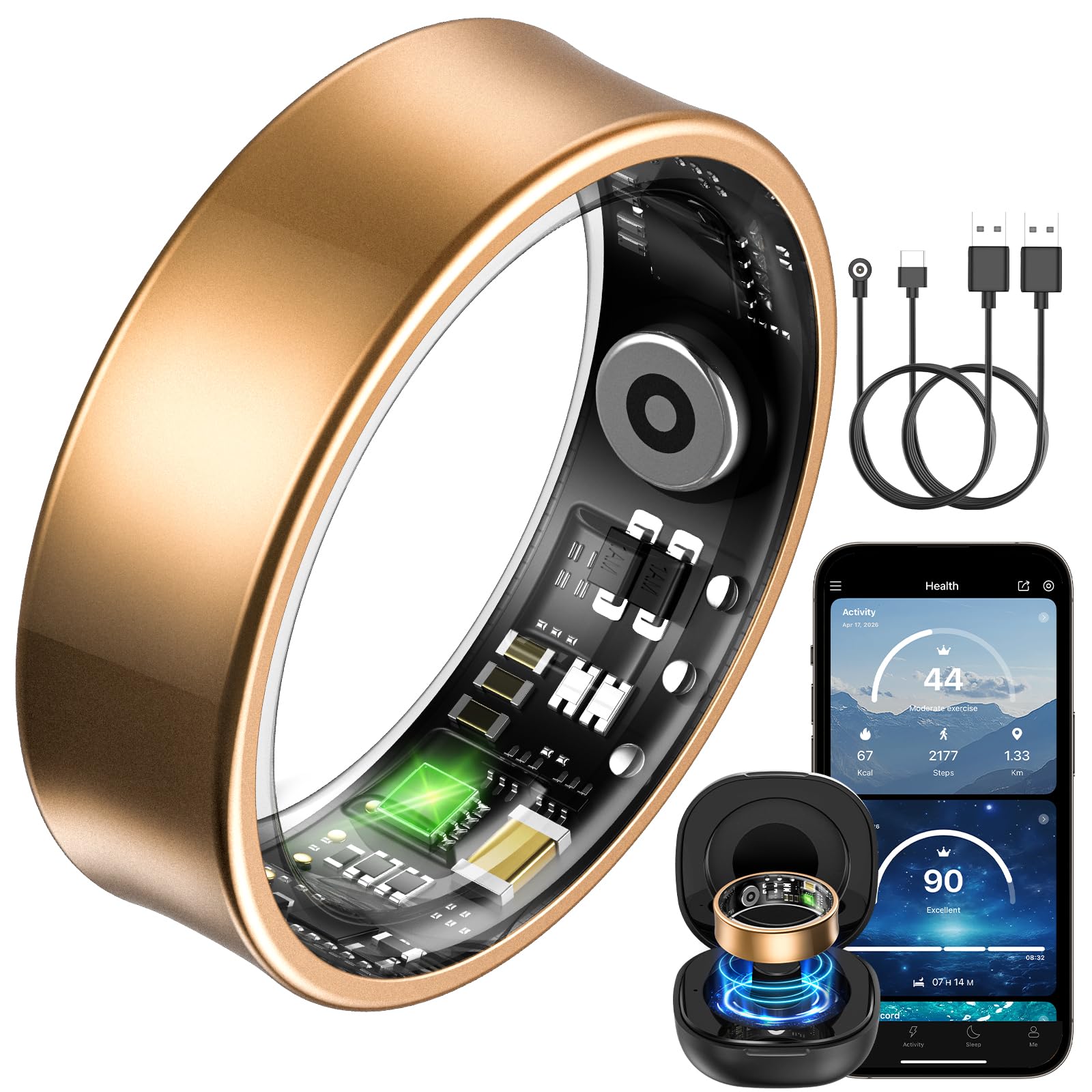 Smart Watch Ring für Herren Damen, Fitness Ring mit 24/7 Herzfrequenz HRV, SpO2 Schlaf Temp, 176 Sportmodi, IP68 Wasserdicht Smartring, APP kein ABO, für Android und iOS (Gold, 60mm(9))