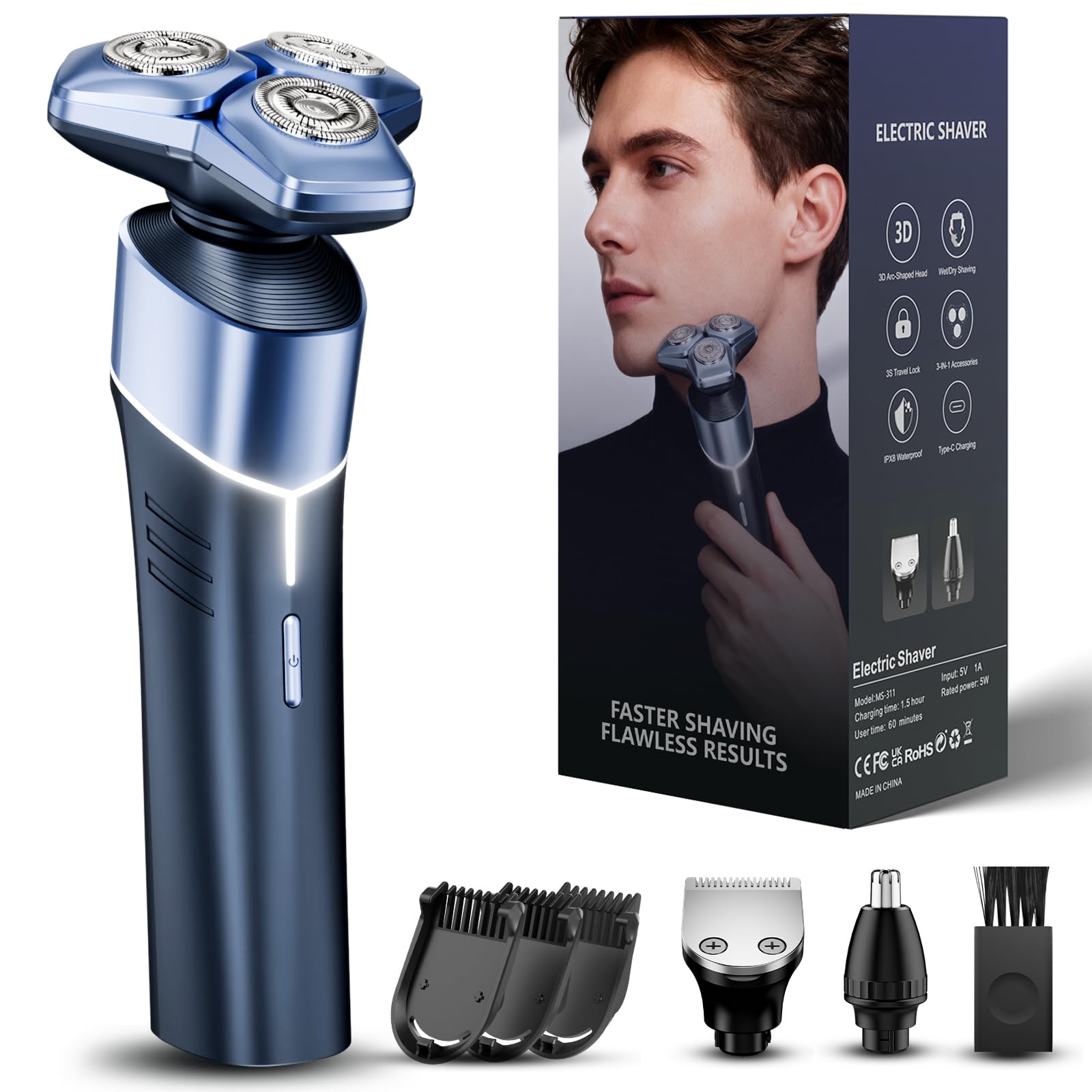 Photo 1 of MALEGEBAZ Electric Razor for Men: 3-in-1 Shaver with Hair Clipper and Nose Trimmer - 3D Floating Heads, USB-C Charging, IPX8 Waterproof - for Face, Beard, Body and Travel, Dusty Blue