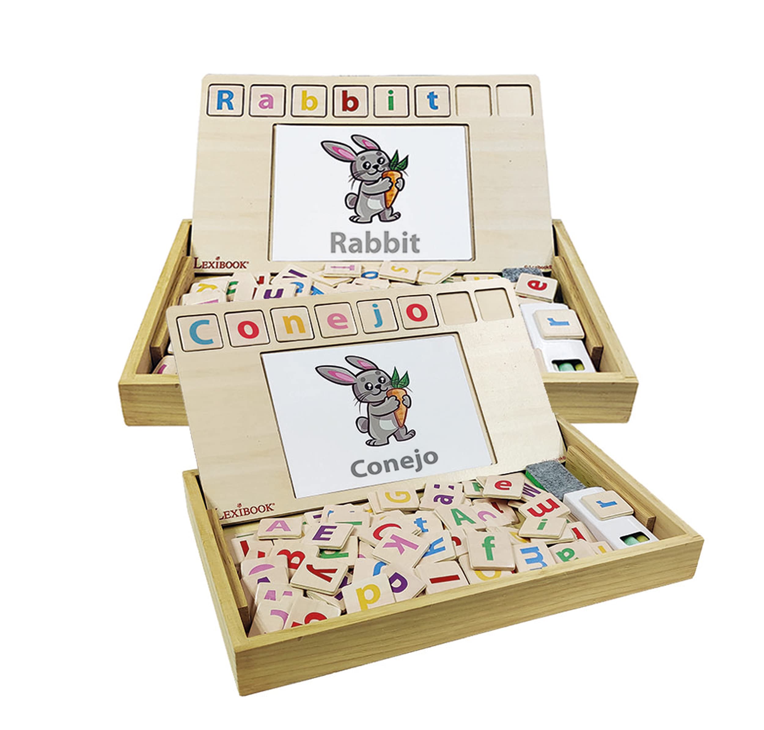 Lexibook, Bio Toys, Word School, bilingual Spanish/English, wooden game, 50 word cards, alphabet, educational game, EDU100i2