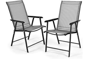 S AFSTAR Patio Chairs Set of 2, Outdoor Foldable Sling Chairs with Armrests, Folding Outdoor Chairs for Lawn Garden Backyard Poolside Porch (Gray)