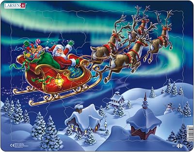 Larsen XM1 Santa Claus Sleigh Northern Lights Jigsaw Puzzle 26 Pcs Kids Ages 6+