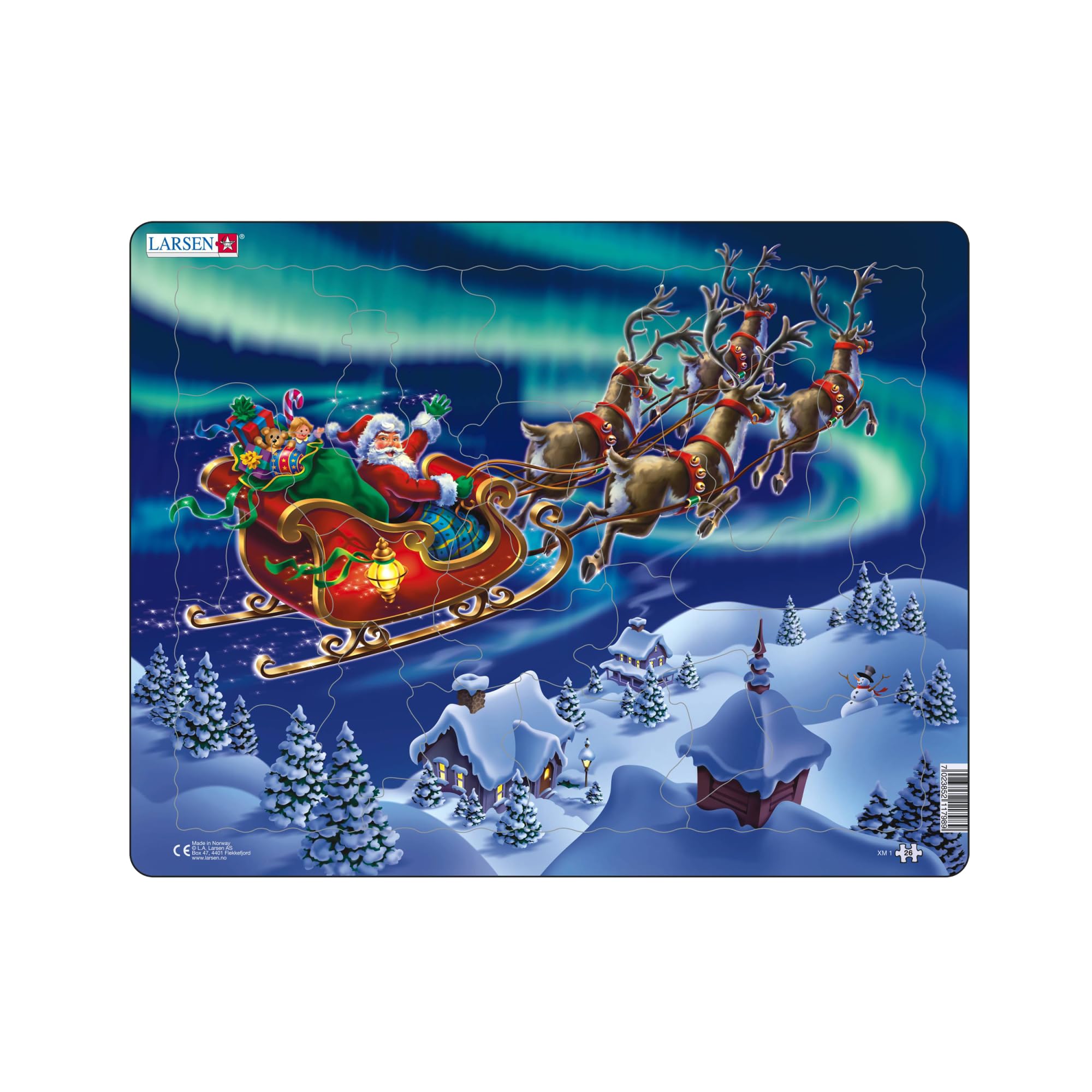 Larsen Puzzles XM1 Santa Claus and His Sleigh in Northern Lights Jigsaw Puzzle 26 Pieces - Christmas Puzzle for Kids Ages 6+ - Figure-Shaped Pieces, Boxless Tray & Frame - Festive