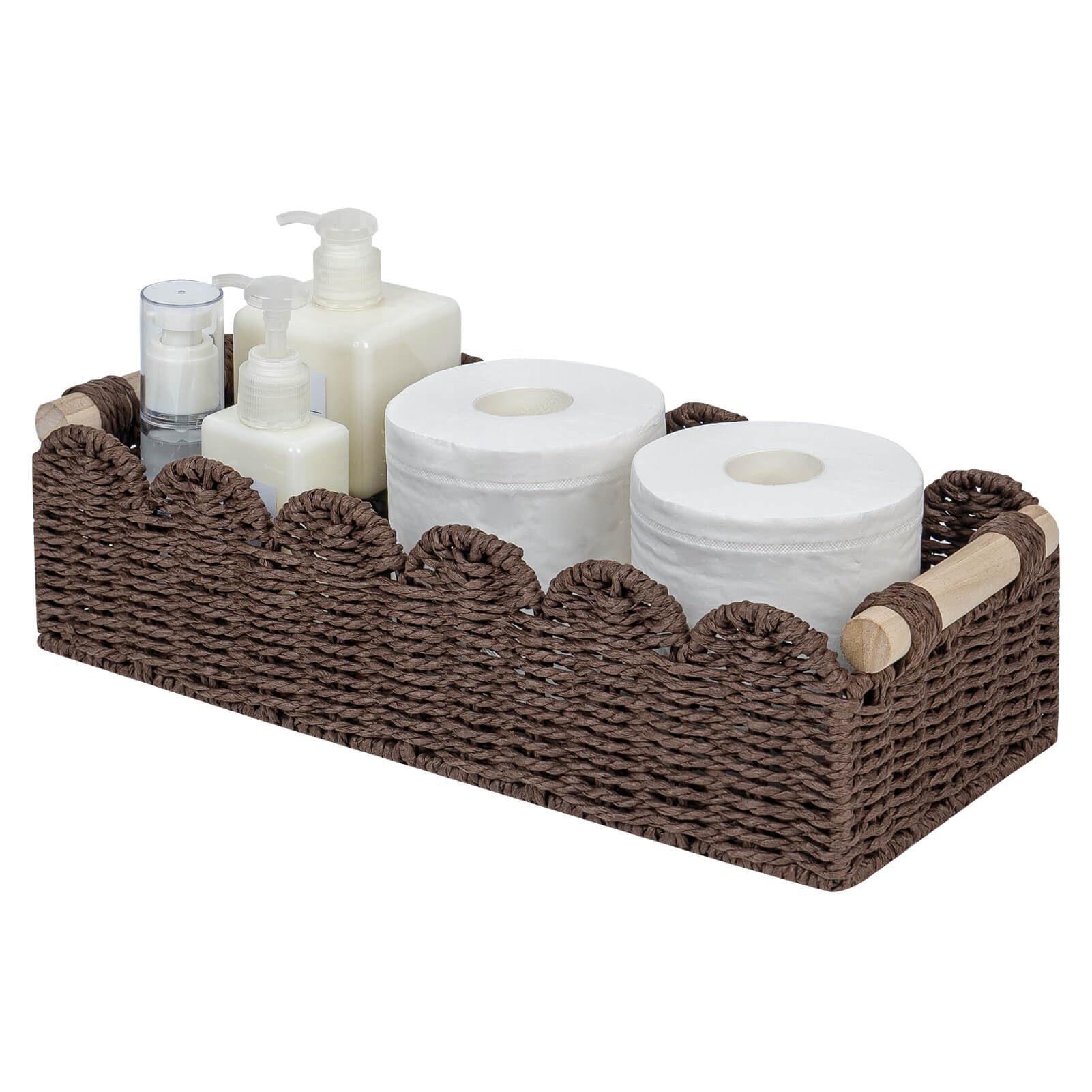 Photo 1 of CubesLand Paper Rope Scalloped Edge Shelves Storage Basket, Woven Toilet Paper Baskets for Over Toilet Storage Shelf, Ending Table, Floating Shelves Organizing or Home Décor, with Wood Handle, Brown