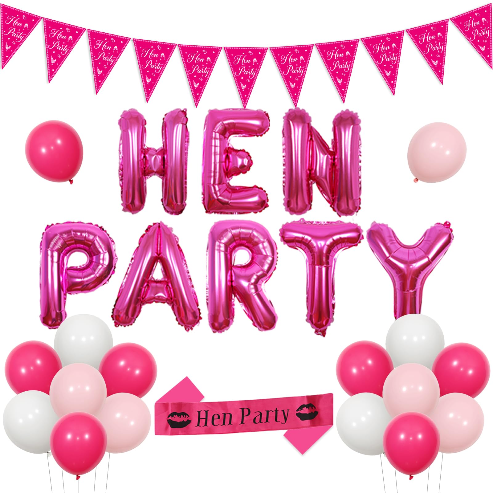 Fangleland Hen Party Decorations Hot Pink, Hen Do Accessories Hen Party Foil Balloons and Bunting Banner Hot Pink Hen Party Sash for Bachelorette Bridal Shower Hen Theme Party Decorations