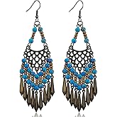 KVANU Handmade Vintage Bronze Bohemian Long Tassel Colorful Bead Dangle Drop Earrings Big Tribal Chandelier Geometry Hook Earrings for Women Statement Jewelry Gifts