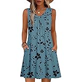Zeagoo Summer Dresses for Women 2026 Sleeveless Dress V Neck Tank Dress Pleated Floral Tshirt Sundresses with Pockets