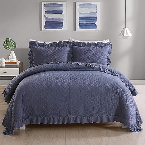 Amazon Com Jml Quilts King Size Stone Washed Microfiber 3 Pieces Bedspreads Coverlet With Ruffle Super Soft Oversized Vintage Quilt Set Navy Blue Kitchen Dining