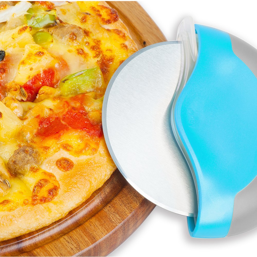 Professional Pizza Cutter Wheel Stainless Steel with Integrated Blade Guard, Super Sharp and Easy To Clean Slicer. Best Gift For Girl, Mom, Friend (blue)
