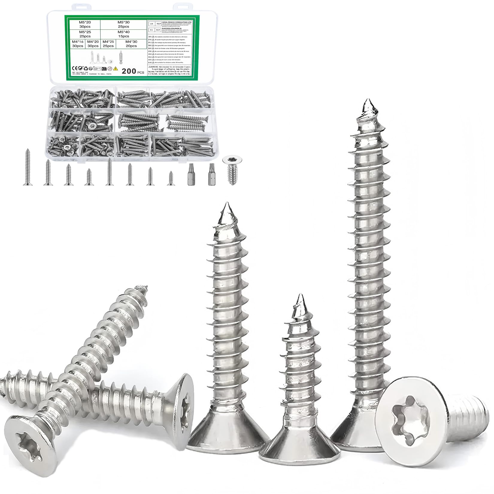 200 Pcs M4 M5 Self Tapping Screws, Countersunk for Wood, Torx, Torx Drive Flat Head, Decking, Self Drilling Chipboard for Plastic Sheet Metal Screws
