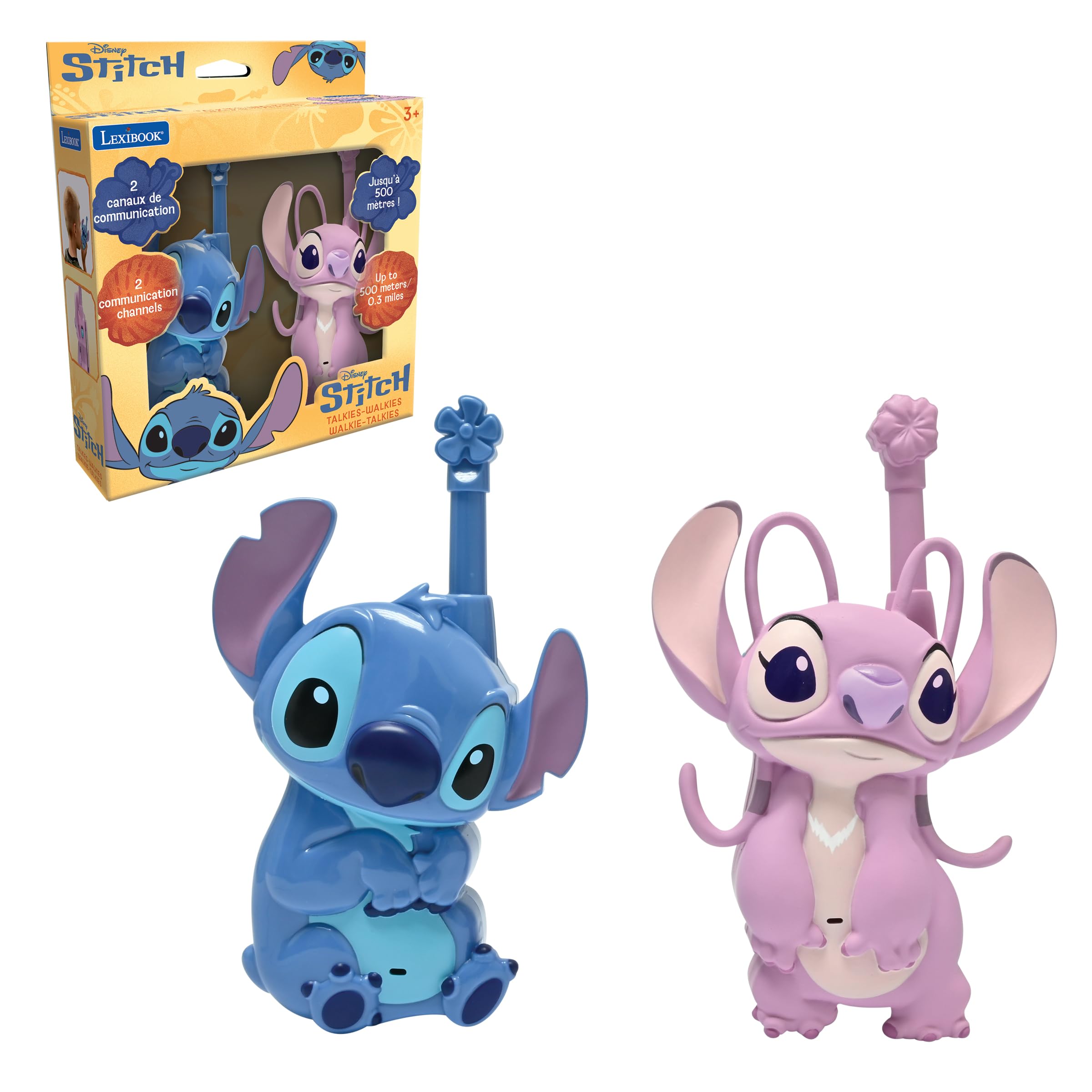 LEXIBOOK, Disney Stitch, Stitch and Angel 3D walkie-talkies, 500m range, 2 communication channels, Belt clip, Blue/pink, TW18D1