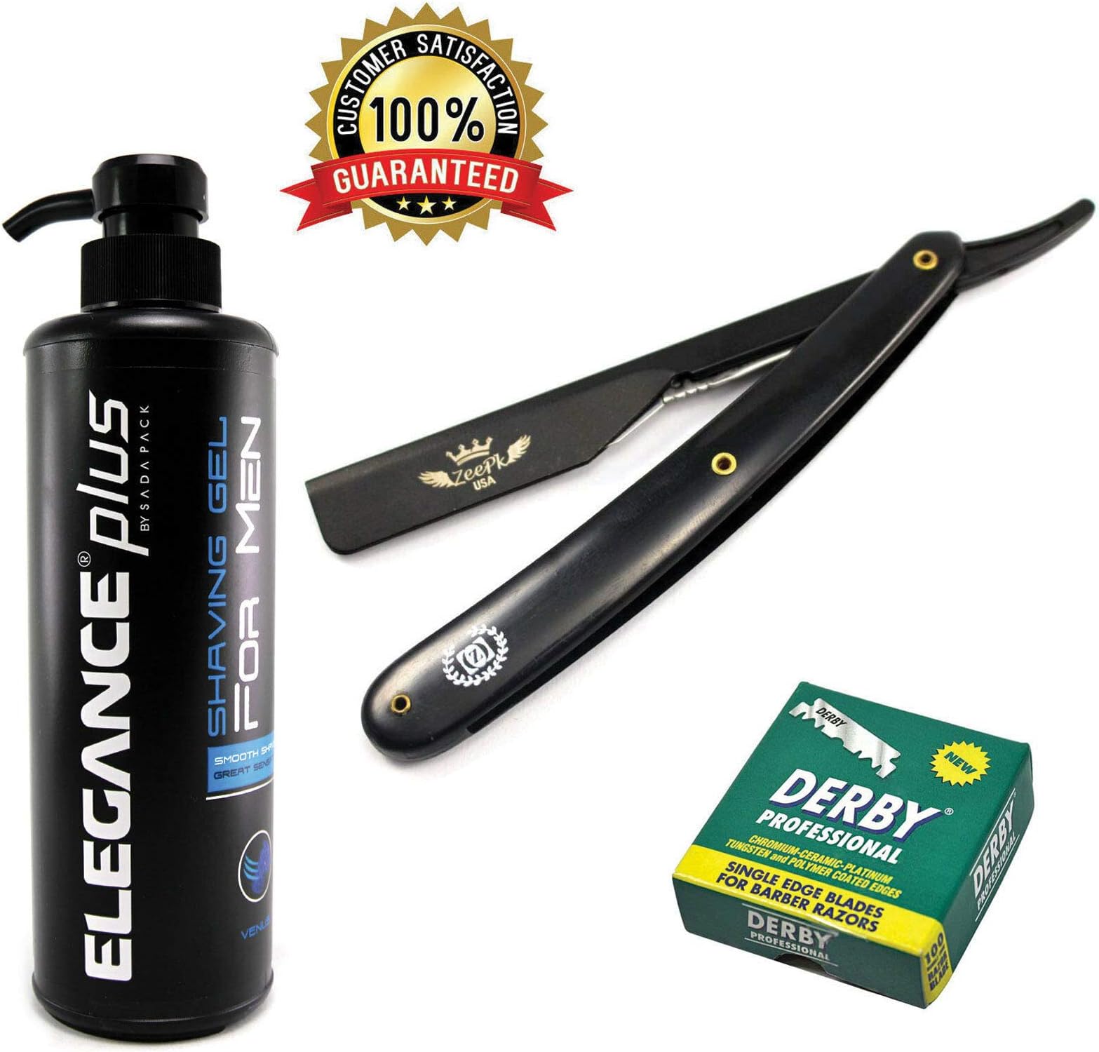 Zeepk All Black Barber Salon Cut Throat Shavette Straight Shaving Razor, Earth Clear Shaving Gel 500ml, 100 Single Edge Blades