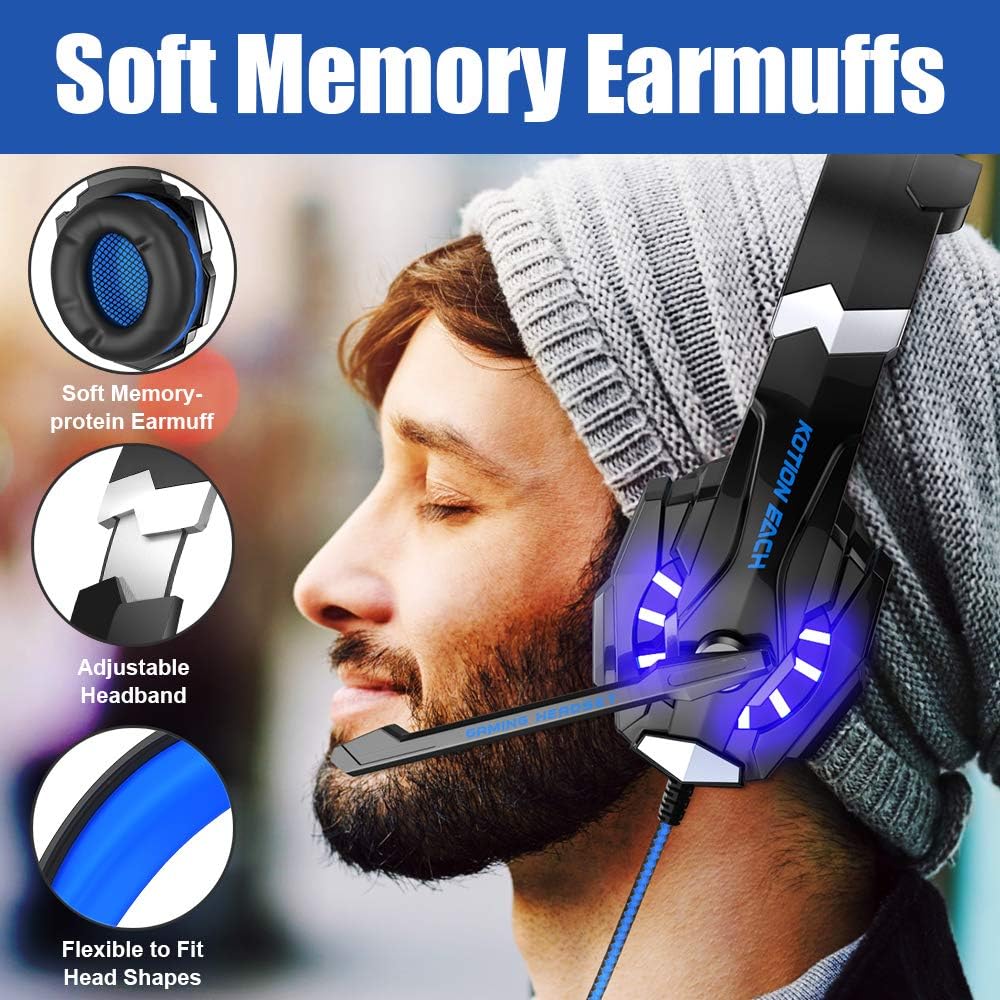 BENGOO G9000 Stereo Gaming Headset for PS4, PC, Xbox One Controller, Noise Cancelling Over Ear Headphones with Mic, LED Light, Bass Surround, Soft Memory Earmuffs for Laptop Mac Nintendo PS3 Games: Computers & Accessories