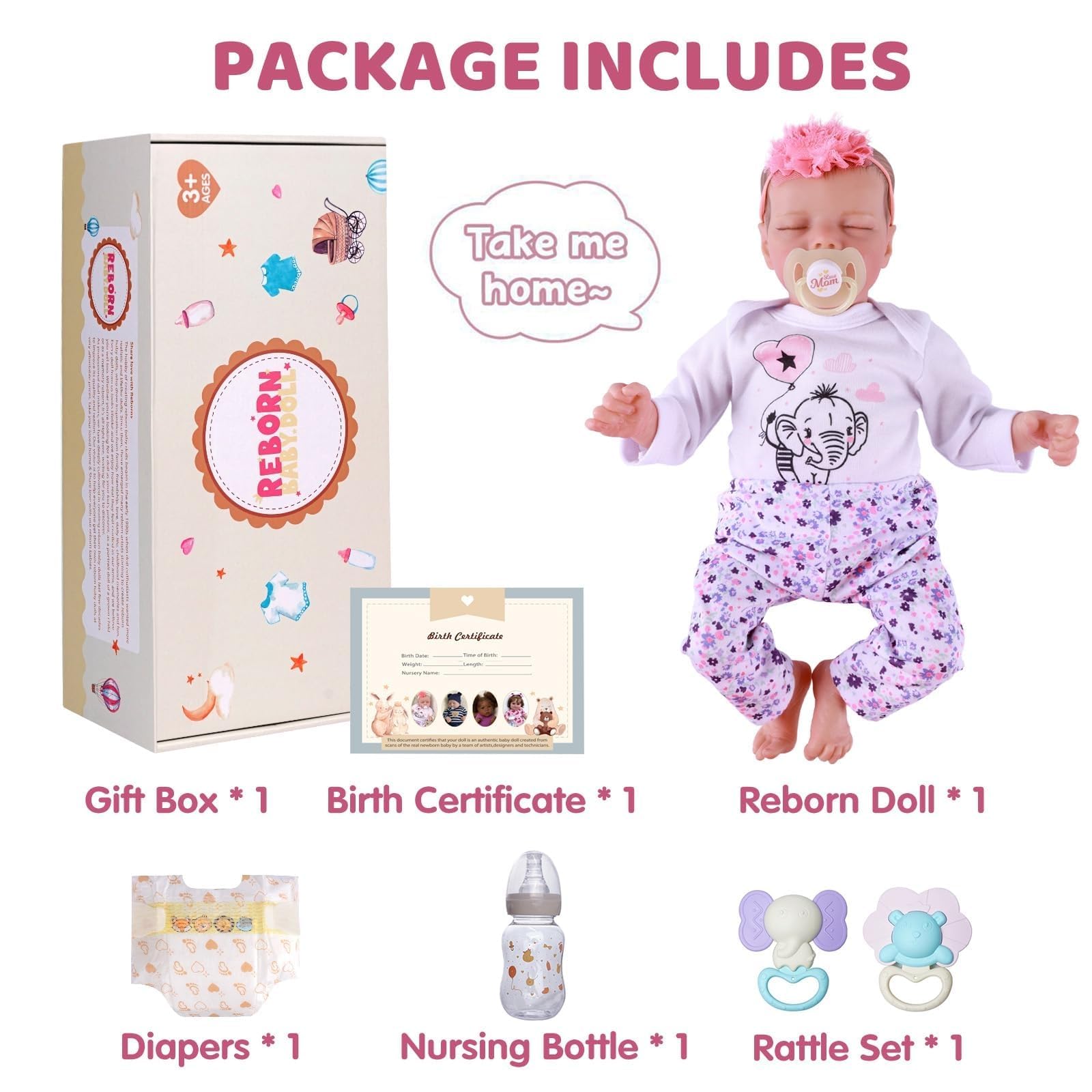 JIZHI Lifelike Reborn Baby Dolls Girl, 17 Inch Real Baby Doll Soft Body Realistic Newborn Vinyl Silicone Baby Doll Full Body Poseable Real Life Baby Dolls with Feeding Kit Gift Box for Kids Age 3+