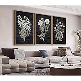 Large Botanical Wall Art for Living Room Natural Wood Float Framed Art Set of 3 Flowers Pictures Artwork Green Leaf Canvas Pr
