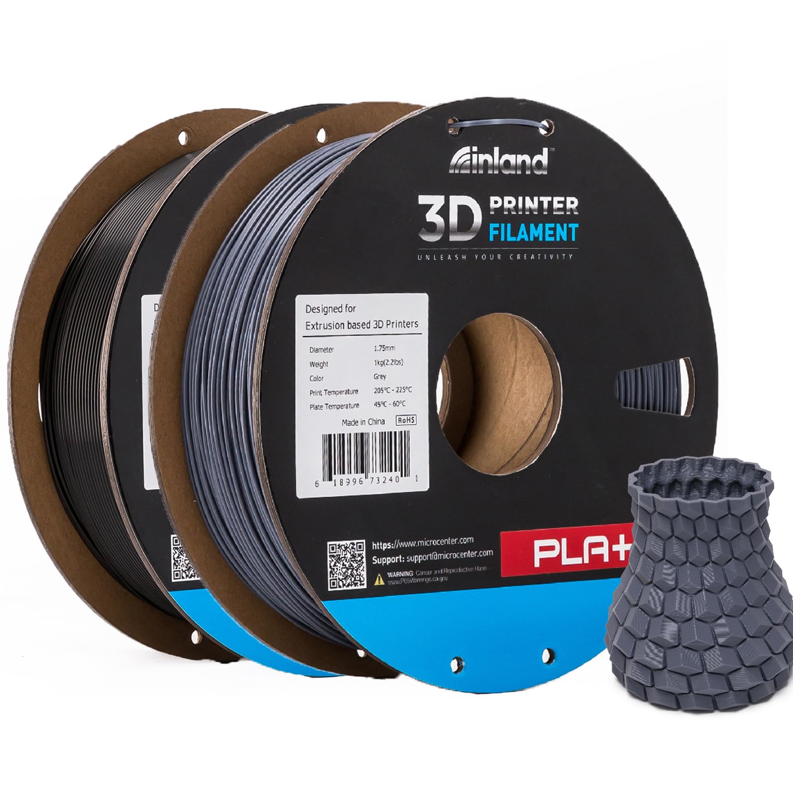INLAND Micro Center PLA+ 3D Printing Filament 1.75mm - PLA Pro Dimensional Accuracy +/- 0.03 mm - 1kg Cardboard Spool (2.2 lbs) (2 Pack Black & Gray, 1.75mm) Image